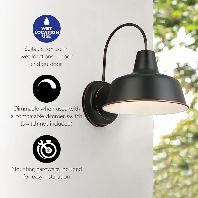 Design House Mason Farmhouse Gooseneck Barn Light, Outdoor Exterior Porch or Patio Wall Light Fixture, Oil Rubbed Bronze, 8 Inch Diameter, 2-Pack, 589218-ORB | Wall Mount, Modern Farmhouse, Steel, 2-Pack, Lighting, 589218-ORB