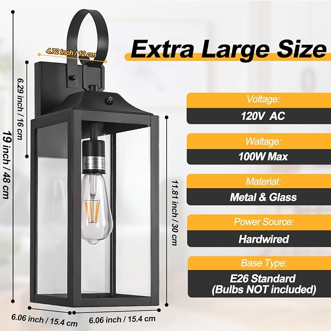 19" Large Dusk to Dawn Outdoor Lighting 2 Pack, Black Sensor Porch Lights | Waterproof Exterior Lighting Fixtures, Modern Wall Lantern, Outdoor Wall Lights Wall Sconce Lamp for House, Doorway, Garage