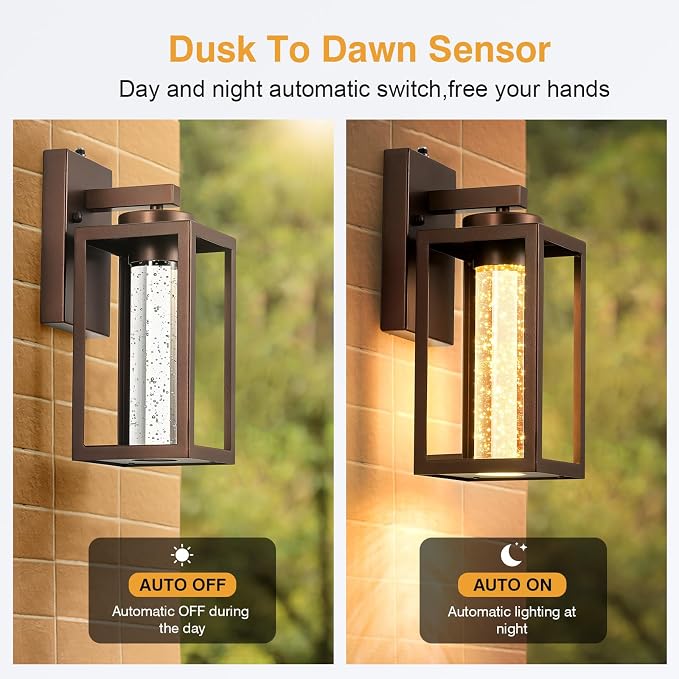 VIANIS Outdoor Wall Sconce Lantern, Farmhouse Oil-Rubbed Bronze Dusk to Dawn Exterior Garage Light Fixtures Wall Mount, Anti-Rust Built-in LED Porch Lights for House, Waterproof Outside Patio Lights