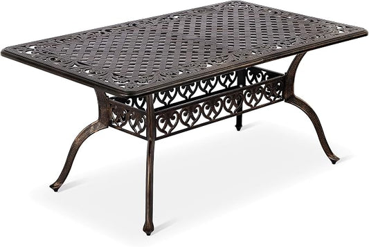 Grepatio Cast Aluminum Patio Dining Table Outdoor Large Rectangular Table, Metal Weather-Resistant Big Table with 2" Umbrella Hole for People Party Lawn Backyard Garden, Bronze, 59.06“x35.24"x28.35"