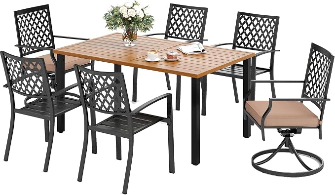 SUNSHINE VALLEY Patio Dining Set,Wood-Like Metal Table w/Umbrella Hole | 60x36 Metal Table&6 Pcs Rust-Proof Stackable Chairs, Outdoor Table and Chairs Set for Backyard Garden Deck