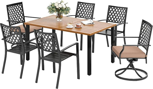 SUNSHINE VALLEY Patio Dining Set,Wood-Like Metal Table w/Umbrella Hole | 60x36 Metal Table&6 Pcs Rust-Proof Stackable Chairs, Outdoor Table and Chairs Set for Backyard Garden Deck