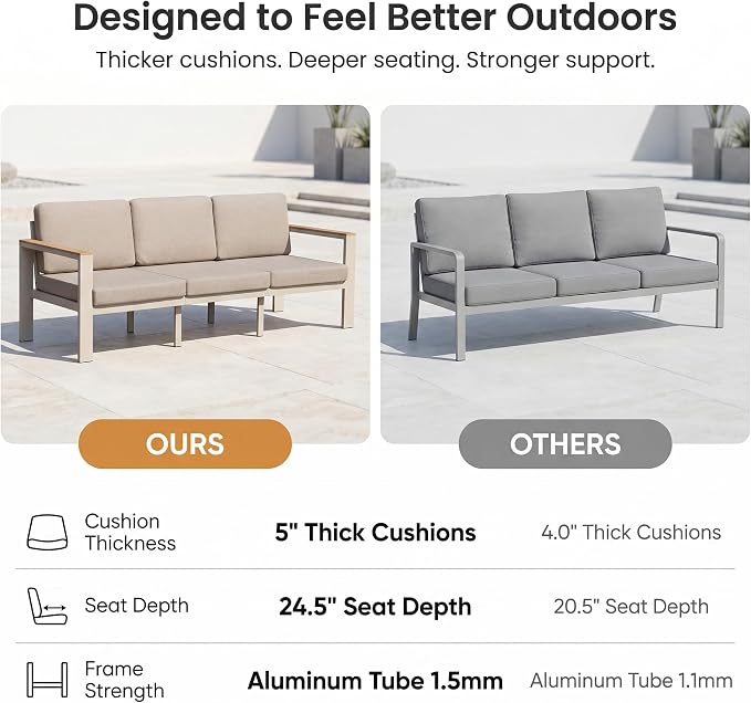 Outdoor Patio Furniture Set, 4-Piece Aluminum Conversation Set with 3-Seat Sofa, 2 Chairs and Coffee Table, 5-Inch Water-Resistant Cushions for Backyard, Deck, Poolside, Beige