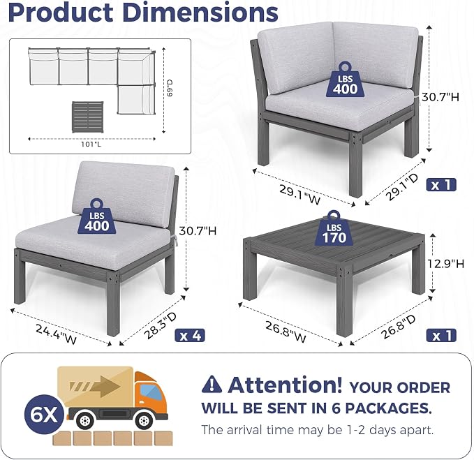 Modular Outdoor Patio Conversation Set, 6-Piece L-Shaped Sectional Sofa Set with Coffee Tables & Thick Cushions, Easy Side Interlock, HIPS All-Weather Patio Furniture Set for Backyard, Deck, Poolside