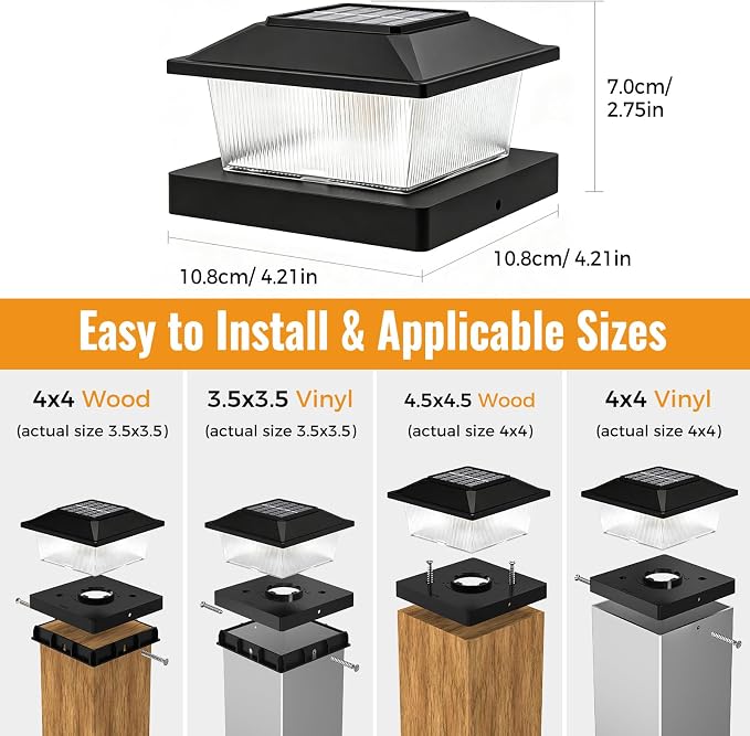btfarm 4x4 Solar Flame Post Cap Lights Outdoor, 4 Pack Flickering Flame Fence Deck Post Lights, Waterproof Solar Powered Lighting Outside Fit 4x4 3.5x3.5 Wooden/Vinyl for Porch Patio Garden, Black Cap