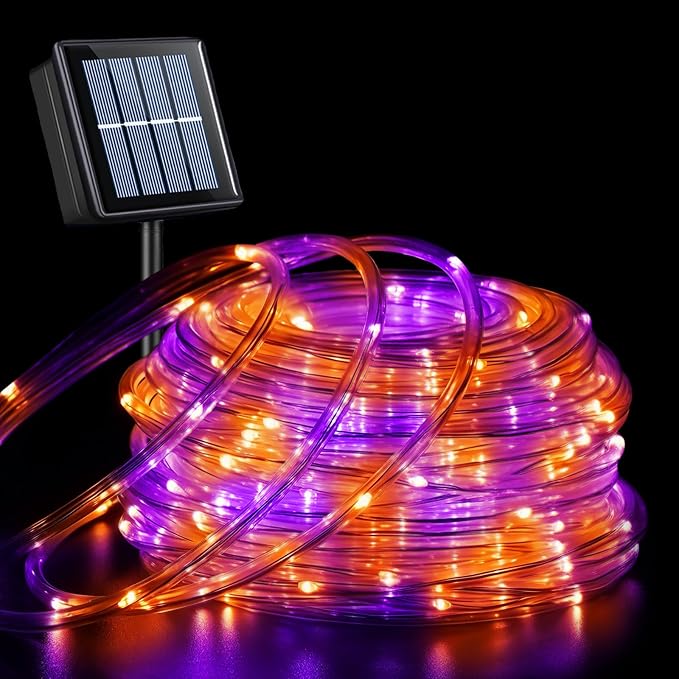 QITONG Orange and Purple Solar Halloween Lights, 66ft 200 LED Solar Rope Lights Outdoor Waterproof, 8 Modes Clear PVC Tube Light Outdoor Waterproof