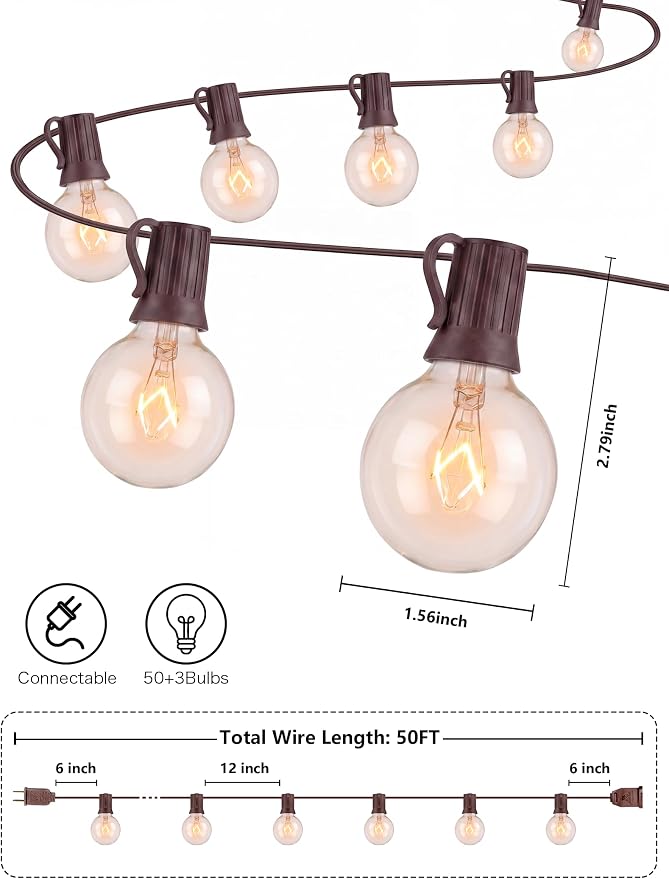 SUNSGNE 50Ft Outdoor Edison String Lights G40 Connectable Globe Lights with 53 Clear Globe Bulbs(3 Spare) for Indoor Outdoor Commercial Decor, 50 Hanging Sockets, 5W/E12 Base, Brown Wire