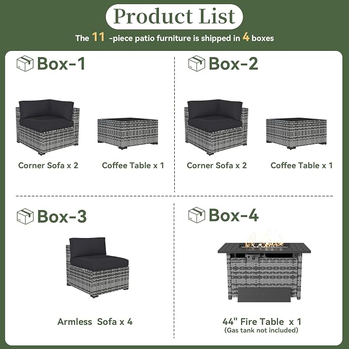 Aoxun 11 Piece Patio Furniture Set with 44” Fire Pit Table Wicker Rattan Outdoor Sectional Sofa Set with Coffee Table and Thickened Cushions, Grey/Black