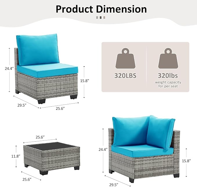 ANJ 7 Piece Outdoor Wicker Patio Furniture Set, Modular Loveseat Sofa with with Glass Top Coffee Table, All-Weather Rattan Conversation Couch Set for Balcony, Backyard, Light Grey Wicker-Turquoise