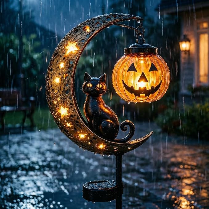 Solar Halloween Black Cat Garden Stake Light – Metal Crescent Moon & Pumpkin Lantern Yard Decor, Auto On/Off Waterproof LED Landscape Lighting for Patio Lawn Pathway (C)