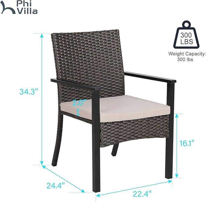 PHI VILLA Wicker Patio Dining Chairs Set of 4 with Removable Cushions | 4 Rattan dining chairs with thick removable seat cushions. Sturdy steel frame, easy assembly.