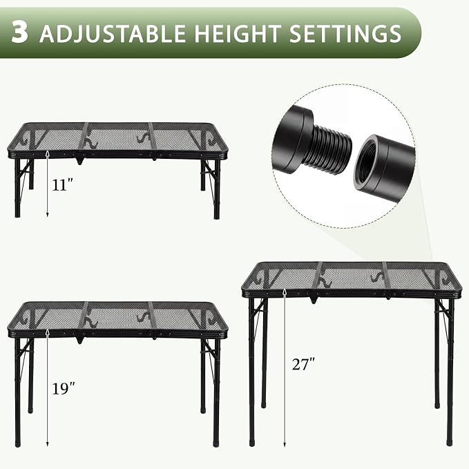 Folding Grill Table, 34"x16" Portable Camping Table with Storage Pocket, Heat Resistant & Waterproof Outdoor Picnic Table, Sturdy Lightweight for Travel Cooking BBQ, Camping, Backyard