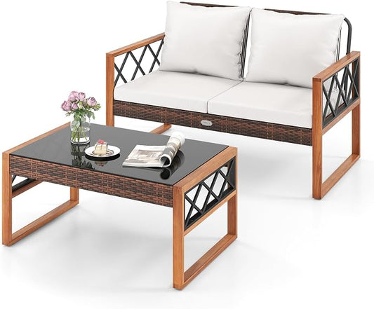 HAPPYGRILL 2 Pieces Patio Furniture Set, PE Rattan Loveseat and Coffee Table Set with Cushions & Tempered Glass Tabletop, Acacia Wood Outdoor Conversation Set for Balcony, Backyard & Poolside