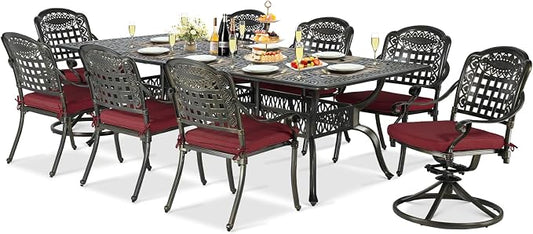 9-Piece Patio Cast Aluminum Dining Set, Outdoor Table and Chairs Set for 8, Includes 94.5" Rectangular Dining Table, 6 Stationary, 2 Swivel Dining Chairs with Umbrella Hole, Red