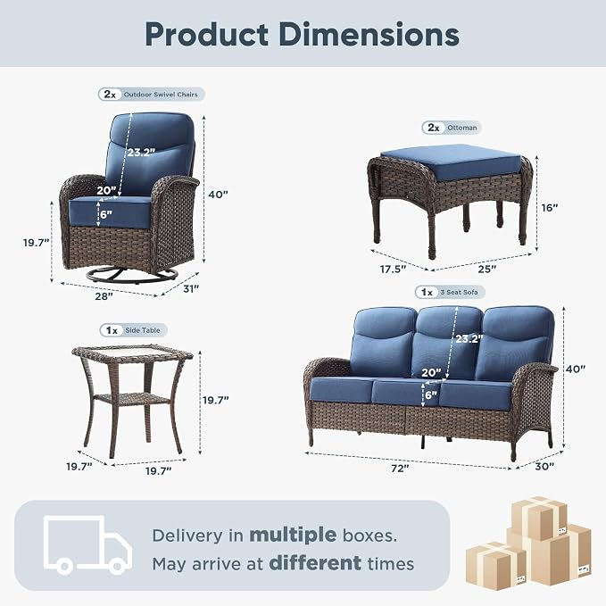 HUMMUH 5-Piece Patio Furniture Set with Upgraded 6" Thick Cushion - High Back Outdoor Swivel Rocker Chairs with 3-Seater Sofa,Ottomans,Wicker Outdoor Conversation Set for Deck,Porch,Yard,Poolside