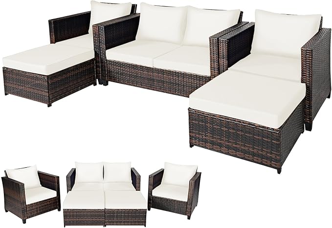 DORTALA 5-Piece Outdoor Patio Conversation Set, Loveseat and 2 Ottoman, Outdoor Sectional Rattan Sofa Set, Multifunctional Rattan Furniture Set Suitable for Backyard Garden Poolside Balcony, White