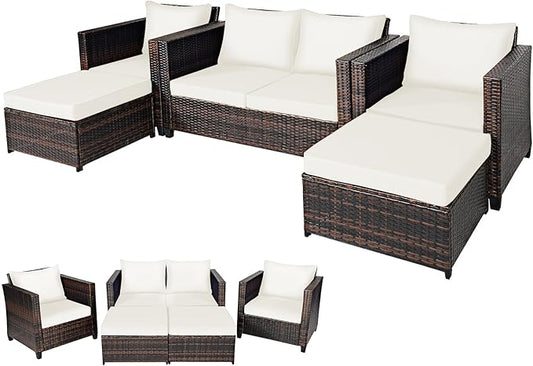 DORTALA 5-Piece Outdoor Patio Conversation Set, Loveseat and 2 Ottoman, Outdoor Sectional Rattan Sofa Set, Multifunctional Rattan Furniture Set Suitable for Backyard Garden Poolside Balcony, White