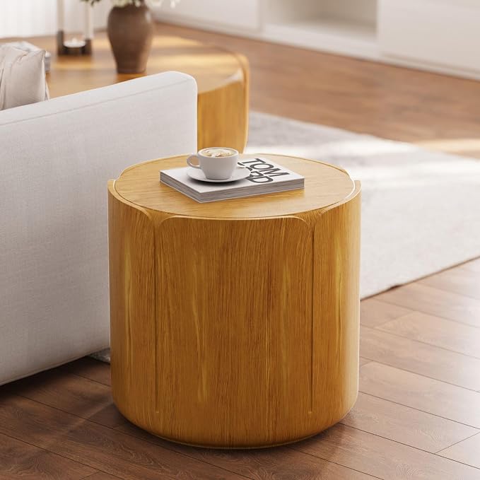 19.29" H Round Outdoor Indoor Side Table, Modern Wood Grain Patio Garden Stool, Sturdy MGO Waterproof, No-Assembly Table for Patio, Garden, Backyard, Living Room