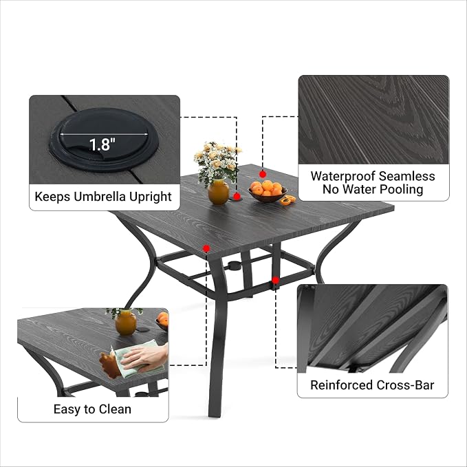 5 Piece Patio Dining Set, Stackable Outdoor Chairs Set of 4 with Textilene Fabric, 37.8" Wood-Grain Square Table with Umbrella Hole for Backyard Lawn Party (1 Table + 4 Chairs) (Grey)