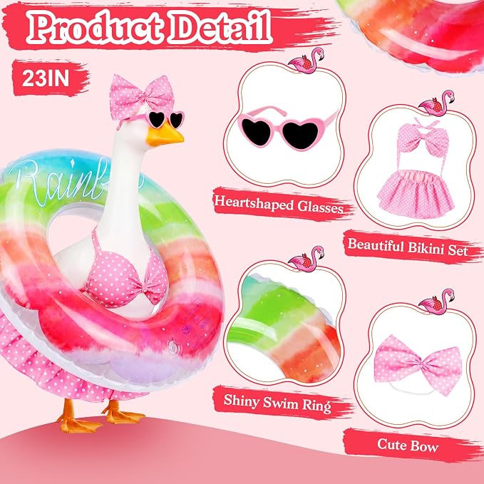 Porch Goose Summer Outfit, 23 Inch Hawaiian Bikini Costume, Accessories Include Bow, Sunglasses & Swim Ring, Fits Cement Goose Statue for Garden Patio Yard Outdoor Decor (Polka Dot)