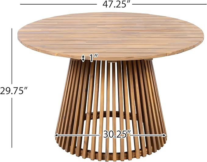 Round Acacia Wood Patio Dining Table, 47.25 Inch, Light Teak