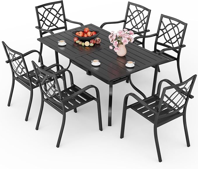 Crownland 7 Piece Outdoor Patio Metal Dining Sets, 6 Stackable Metal Chairs and Rectangular Outdoor Dining Table with 1.57" Umbrella Hole, for Backyard, Lawn, Garden (Classic Black)