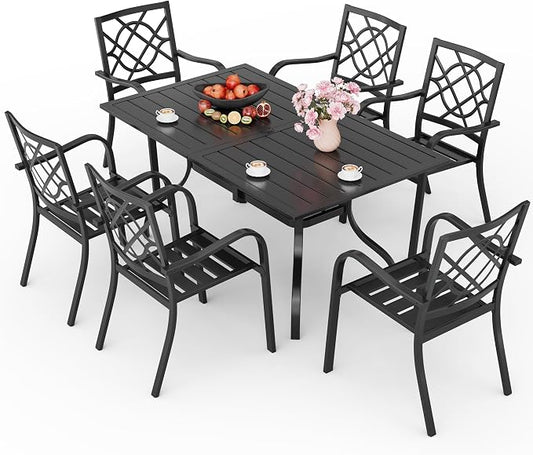 Oakcloud 7-Piece Patio Dining Set, Outdoor Metal Furniture Dining Table Set 6 Stackable Patio Dining Chairs and Rectangle Dining Table with Umbrella Hole, Black