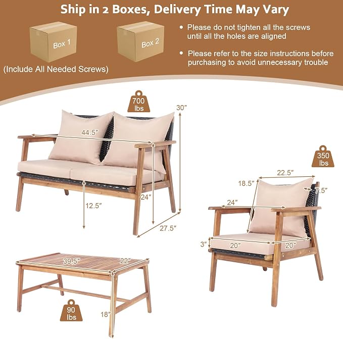 Tangkula 4-Piece Patio Furniture Set, Outdoor Acacia Wood Conversation Set with Cushions and Coffee Table, Outdoor PE Wicker Sectional Sofa Set for Garden, Poolside and Backyard (1, Beige)