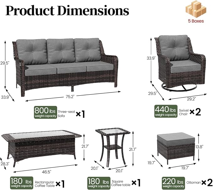 ALAULM 7 Pieces Patio Furniture Set,High Back Wicker Outdoor Sectional Furniture Set with Swivel Chairs & Coffee Table, Patio Conversation Set Thick Cushion for Backyard, Deck, Porch-Grey