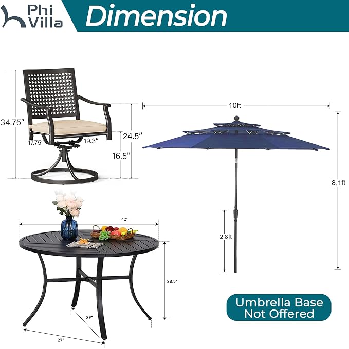 PHI VILLA Outdoor Round Table Set w/Umbrella, Patio Metal Furniture for 4 | 42" wrought iron table & swivel chairs. 10ft blue umbrella. 5pc dining set for deck, porch, backyard.