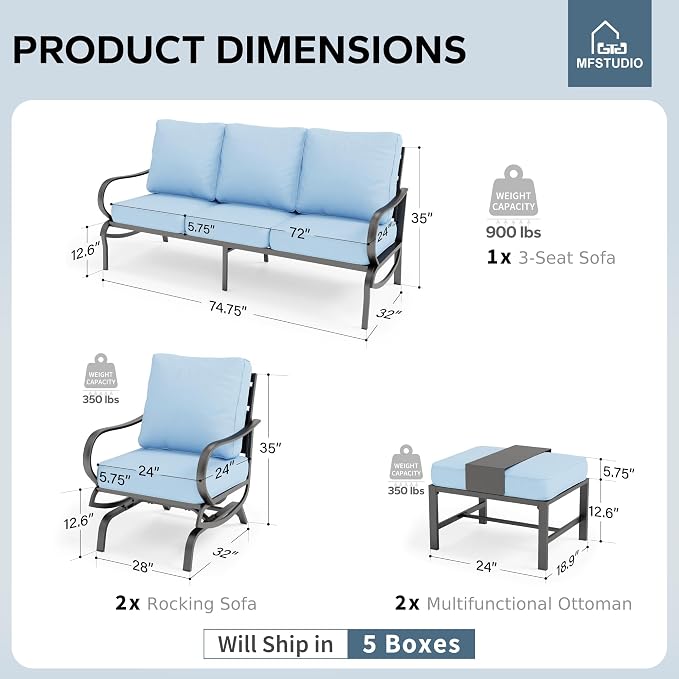 MFSTUDIO 5 Pieces Patio Conversation Sets,Outdoor Metal Furniture Sofas with 1 x 3-Seat Sofa, 2 x Rocking Chairs,2 x Ottoman,Wrought Iron Frame with Blue Cushion for Patio Courtyard Balcony