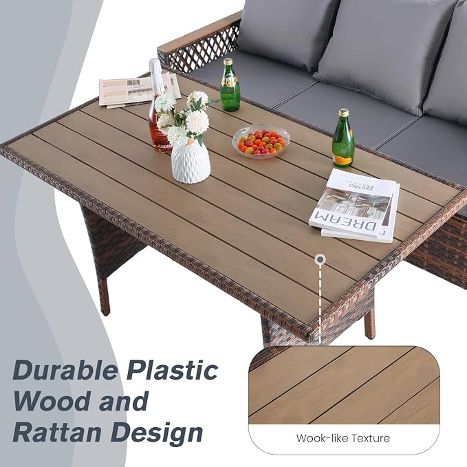 HOMREST 53" Outdoor Patio Dining Table, Handwoven PE Rattan Wicker Rectangular Table for 4-6 People with Metal Frame for Backyard, Porch, Deck, Balcony, Garden Furniture, Brown