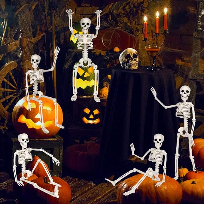 XIMISHOP 8pcs Posable Halloween Hanging Skeleton Decoration, 16" Full Body Skeleton With Movable Joints for Graveyard Haunted House Decor Indoor Outdoor