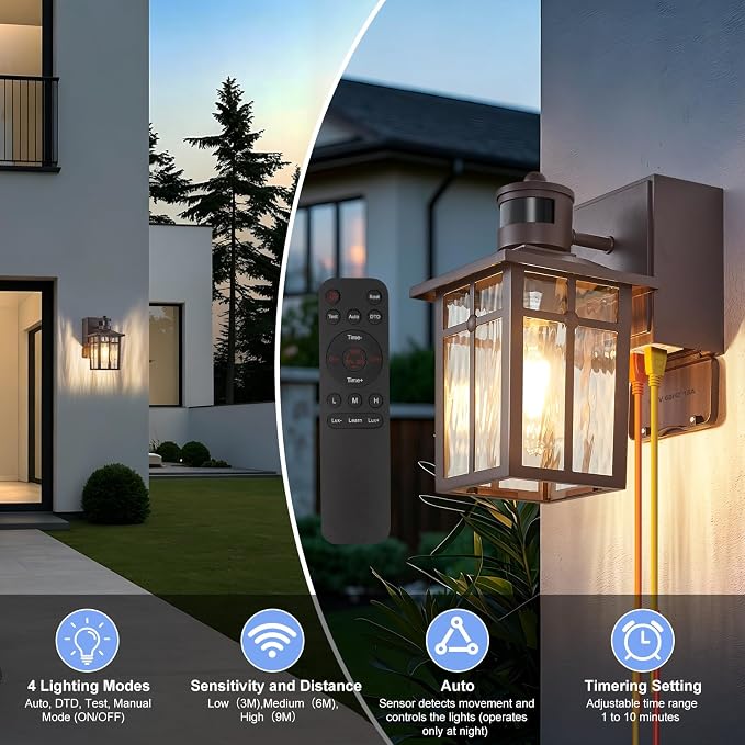 Porch Light with GFCI Outlet with Remote,Dusk to Dawn Motion Sensor Outdoor Light,Upgraded 4 Lighting Modes Brown Front Door Light,Waterproof Outside Lights for House Patio Garage Entryway, 1 Pack
