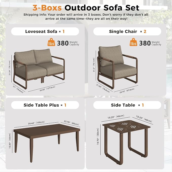 Outdoor Aluminum Patio Furniture Set with with 6.5" Thick Cushions,6-Piece Outdoor Sectional Conversation Set with Coffee Tables,All-Weather Patio Set for Backyard & Deck，Brown