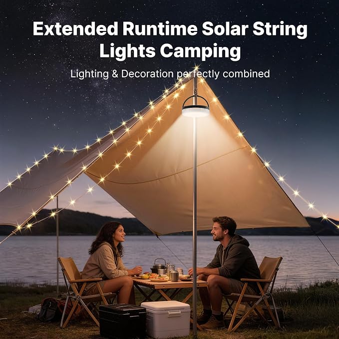 Solar Camping String Lights, 5400mAh/ 49.2FT/ 11 Modes Rechargeable | Camping Lights Outdoor/Indoor, 4-in-1 Quick Storage Fairy Tent Lights Portable LED Lamp for Patio Yard Party Decor Essentials