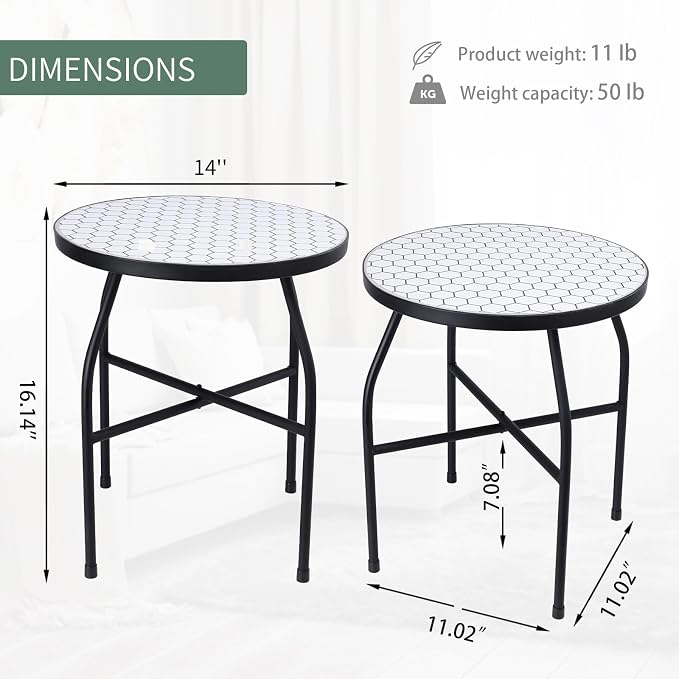 VCUTEKA Mosaic Outdoor Side Table - Small Patio Table Coffee Outside Accent Tables Round End Plant Tables for Bistro Balcony Porch Outdoor Benches 14'' White