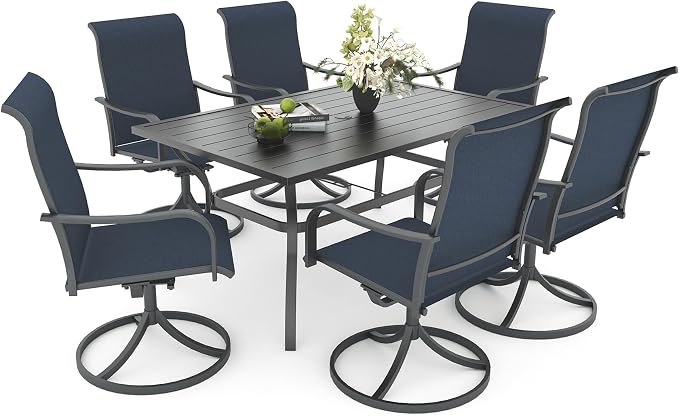 Anmutig 7-Piece Outdoor Patio Dining Set with 6 Dining Swivel Chairs, Outdoor Furniture Steel Frame Slat Rectangular Table with 1.57" Umbrella Hole for Backyard, Blue