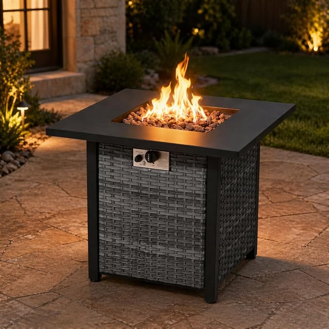 Square PE Rattan Propane Fire Pit Table, 30 Inch Outdoor Gas Firepit Table with Metal Tabletop & Lava Rocks, 50000 BTU Weather Resistant Patio Fire Pit for Backyard Garden Deck Porch