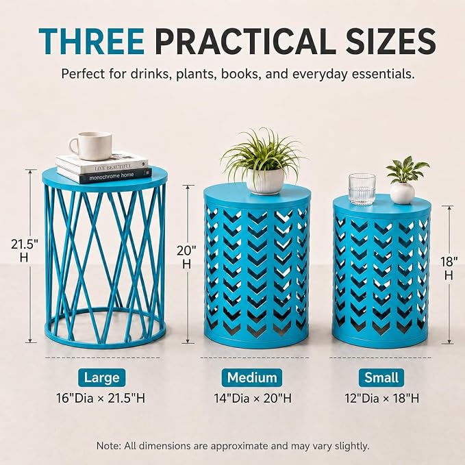 Y&M Set of 3 Nesting Metal Round Coffee Table, Side Table End Table for Indoor Outdoor Multifunctional Use,Heavy Duty Metal Plant Stand Decorative Garden Stool- Blue(Ship from US) | Outdoor side tables nesting design heavy duty metal waterproof patio b...
