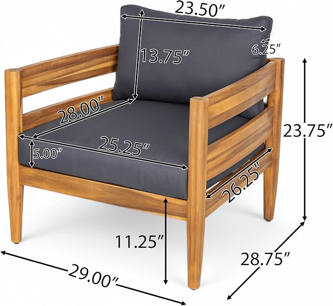 Christopher Knight Home 4-Piece Outdoor Patio Furniture Set, Acacia Wood Conversation Set with Loveseat Coffee Table and 2 Single Chairs Cushions, Slatted Backyard Garden Seating Set, Dark Gray