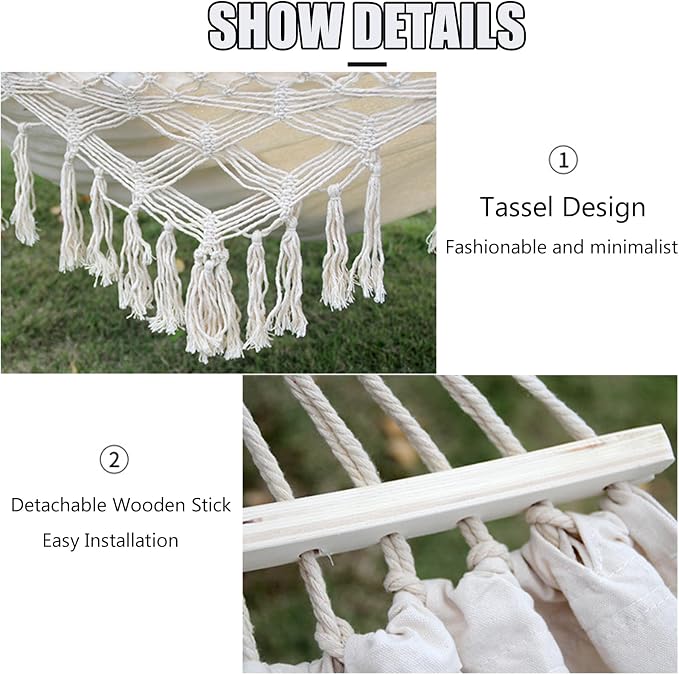 Handmade Cotton Woven Hammock, Portable Boho Canvas Swing with Tassels for Indoor and Outdoor Use, Perfect for Patio, Yard, Garden, and Camping