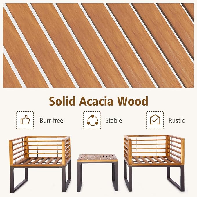 Tangkula 3 Pieces Acacia Wood Patio Bistro Set, Outdoor Conversation Set with Cushioned Armchairs and Square Coffee Table, Patio Furniture Set for Porch, Deck, Balcony