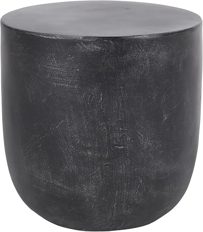 Outdoor Side Table Patio Concrete Side Table Round Drum End Table Faux Stone Side Tables Travertine Small Coffee Tables, Garden Stool Plant Stand for Backyard, 15.5" *15.75" Cylindrical, Black