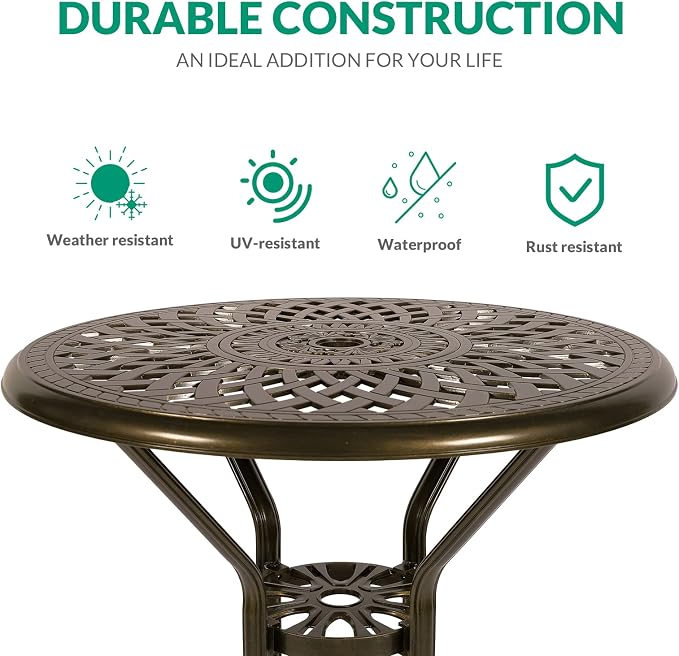 VIVIJASON 31" Patio Height Bar Table, All-Weather Cast Aluminum Bar Bistro Table Outdoor Patio Round Dining Table with Umbrella Hole for Balcony, Lawn, Garden, Backyard, Antique Bronze