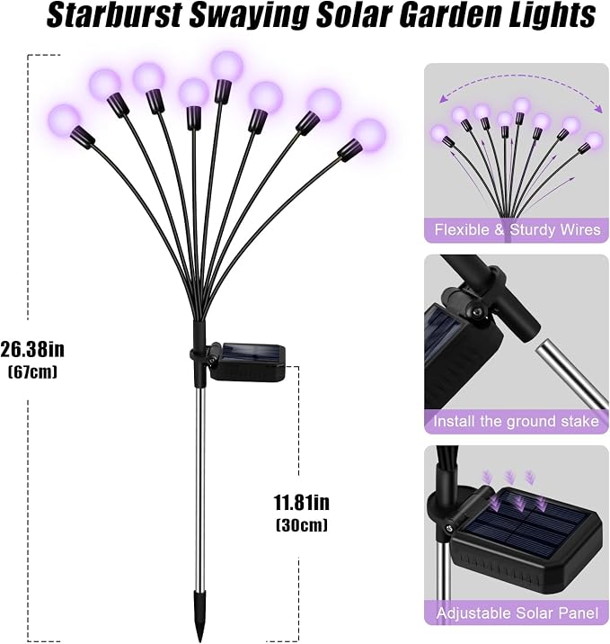Solar Garden Lights Outdoor Waterproof, Swaying Firefly Light, Garden Decor | 2 Pack Solar Firefly Lights, Auto On/Off Decor for Yard, Patio, Pathway and Lawn, Gifts for Women, Christmas Decor (Purple)