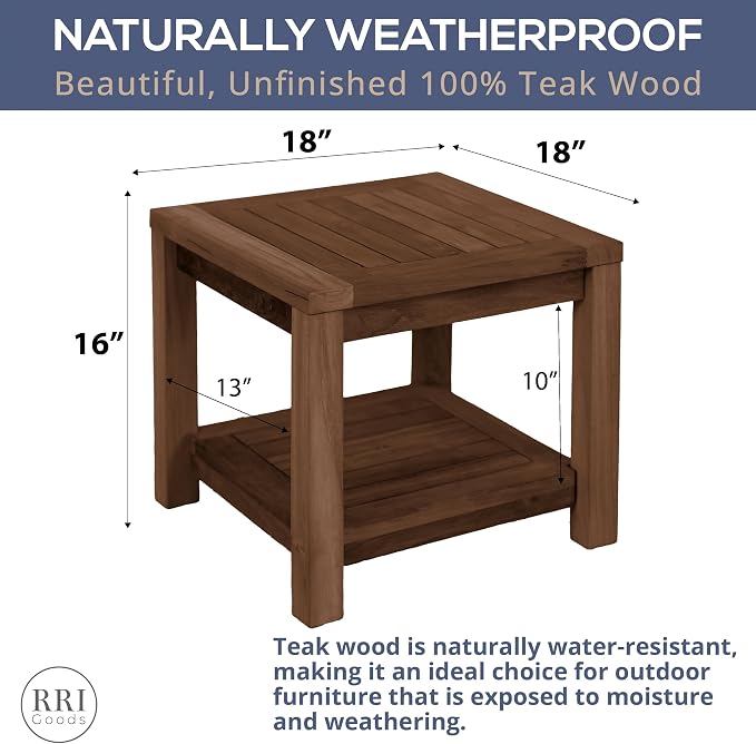 Teak Wood Side Table with Storage - Teak Oil Finish Indoor and Outdoor Wooden Furniture for Deck, Porch, Balcony, Living Room, Bedroom and Backyard (18" D x 18" W x 16" H)