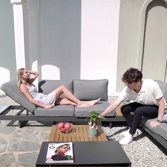 homary 4-Piece Modular Outdoor Sofa Set, Aluminum & Teak Patio Conversation Set with 600D Waterproof Covers, Adjustable Backrests, Fade-Resistant Cushions for Patio, Balcony, Deck