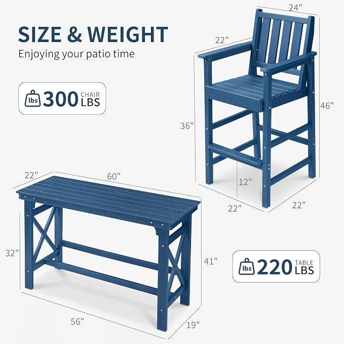 5-Piece Outdoor Bar Table and Chairs Set, HDPE Counter Height Patio Dining Table with 4 Adirondack Bar Chairs, Adirondack Bar Height Chairs and Bar Table for Bistro, Poolside, Backyard, Blue