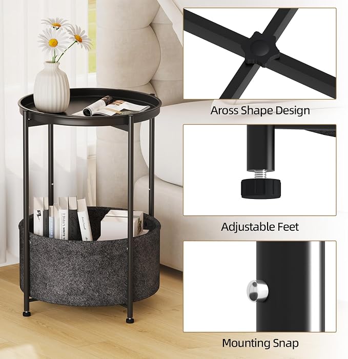 Garden 4 you Small Side Table, Mini Round End Table, Tray Table with Fabric Storage Basket, Modern Nightstand for Living Room, Bedroom, Patio, Small Space, Black